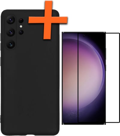 Hoes - Met Screenprotector - Geschikt voor Samsung Galaxy S23 Ultra - Sterk & Shockproof - Back Cover - Siliconen Case - Telefoon Hoes - Zwart