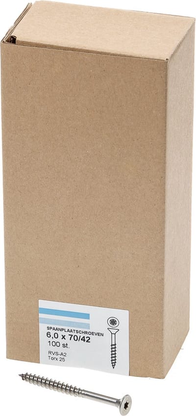 Hoenderdaal Spaanplaatschroef RVS platverzonken kop TX25 deeldraad 6.0X70/42 (per 100 stuks)