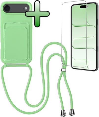 Hoes Geschikt voor iPhone Air Hoesje Pas Houder Case Hoes Met Koord Met Screenprotector - Hoesje Geschikt voor iPhone Air Hoes Met Telefoonkoord Pasjeshouder Cover - Groen