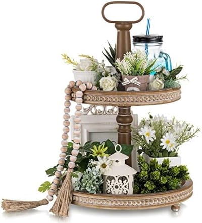 PromoHome Gelaagd Dienblad Decoratie - Houten 2-laags Boerderij Stijl met Ronde Kralen