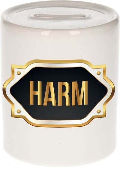 Spaarpot met voornaam Harm - wit - met goud/zwart embleem - 8 x 9 cm - keramiek - met afsluitdop - cadeau verjaardag