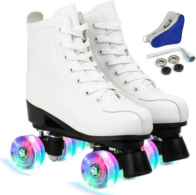 Rolschaatsen voor vrouwen en mannen, vier wielen rolschaatsen PU leer binnen en buiten dubbele rij schaatsen schoenen met tas (witte flits,42)