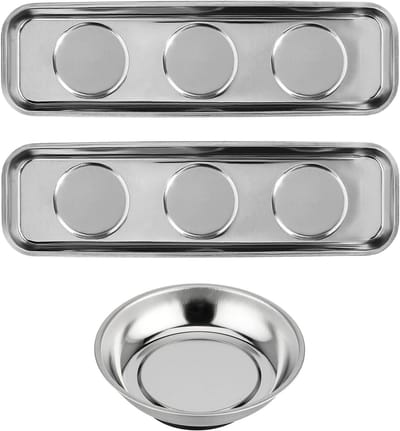 Famanu – Magnetische gereedschapsschaal set 3 stuks rond en rechthoekig van RVS voor werkplaats