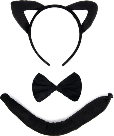 KIMU® Kat Haarband Oren, Strik & Staart Diadeem Set - Zwart Wit Zacht Kattenpak Poes Poezenpak Dierenpak Pak - Staartje Strikje Oortjes Festival