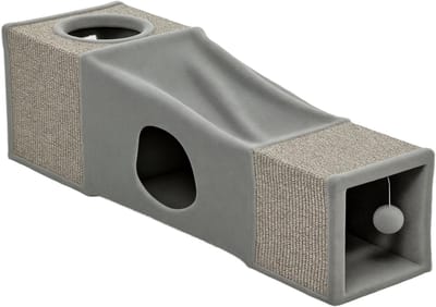 PawHut Katzentunnel, Katzenspielzeug mit Spielball, Katzenhöhle, Faltbarer Spieltunnel aus Sisal, Kombiniertes Design, Braun+Grau, 98 x 30 x 30 cm