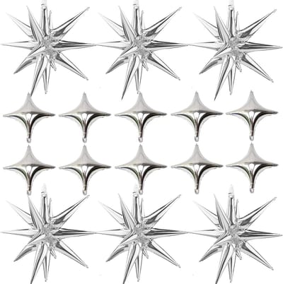 16 Pieces Star Foil Balloons - Silver with 6 Pcs Explosion Star Balloons and 10 Pieces Quadrangular Star Balloon - ShopVlot