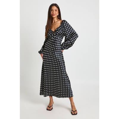 boohoo Dames Satijnen Midaxi Jurk Met Polkadots En Volumineuze Mouwen | Zwart | Maat: 36