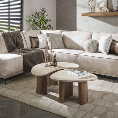 Dimehouse Set van 2 organische salontafels Jimi travertin blad met walnoot onderstel - Japandi - 88 x 44 x 36 cm - Keramiek - Industrieel - Rond