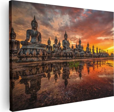 Artaza Canvas Schilderij Boeddha - 80x60 cm - Wanddecoratie Zonsondergang - Muurdecoratie Thailand - Schilderijen Op Canvas