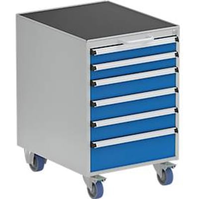 Treston 53/66-2 ladeblok, 6 afsluitbare laden, verrijdbaar, tot 300 kg, B 530 x D 640 x H 795 mm, staal, lichtgrijs RAL 7035/briljantblauw RAL 5007