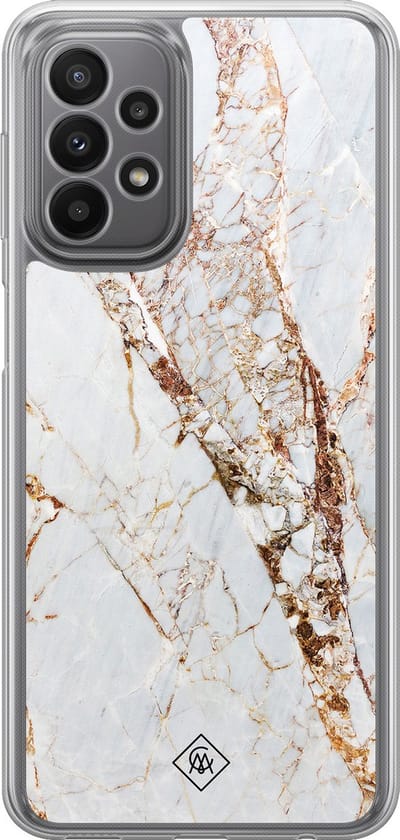 Casimoda® hoesje - Geschikt voor Samsung Galaxy A23 - Marmer Goud - 2-in-1 case - Schokbestendig - Marble design - Verhoogde randen - Goudkleurig, Transparant