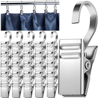 Dailygoods- Gordijnhaken met Veerclip - 100 Stuks - Roestvrij Staal - Multifunctioneel - Zilverkleurig - Totale Lengte 35 mm - Gordijnclips