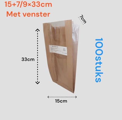 Broodzak met venster - 100 stuks - bruin - 100% papier - 15+7/9x33cm / Kraft vensterzak / Papieren zakjes