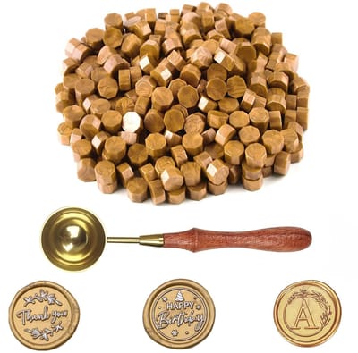 Allecto - Waxzegelset - Zegelwas voor Stempels - Goudkleurig - Zegelwasparels - Perfect voor Uitnodigingen - 100 Stuks met Smeltlepel