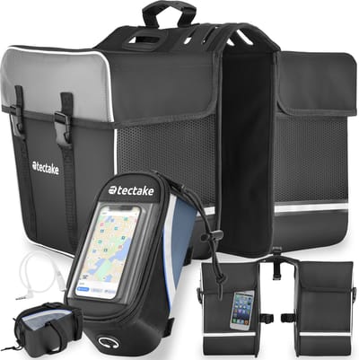 tectake® Fietstas met Frametas - Fietstassen met Refelctor - Tassen voor Fiets en Elektrische Fietsen - Dubbel - Waterdicht - Bagagedragertas: 35L - Stuurtas 18 x 8,5 x 8,5 cm (1L) - Met Touch Scherm - Zwart/Blauw