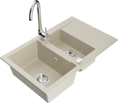 Mexen Gaspar granieten gootsteen 1,5-komor met druiprek en Telma keukenkraan, beige - 6507-69-670200-00