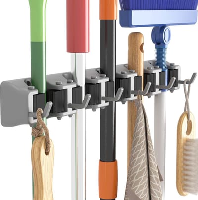 IMstore - Mop en Broom Houder - Muurbevestiging - Robuuste Organizer - Grijs - Voor Keuken en Garage - Inclusief Bevestigingsmateriaal
