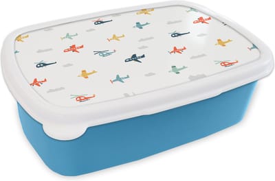 Broodtrommel Blauw - Lunchbox - Brooddoos - Patronen - Helicopter - Vliegtuig - Jongens - Kinderen - Kids - 18x12x6 cm - Kinderen - Jongen