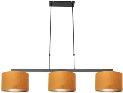 Zwarte 3-lichts hanglamp met goudkleurige velours kappen van stof, hoogteinstelbaar, Stang familie, Steinhauer