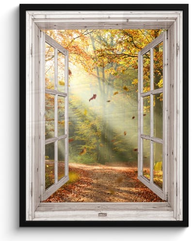 Poster in lijst - Fotolijst 50x70 cm - Posters - Bos - Bomen - Herfst - Zon - Herfstbladeren - Natuur - Doorkijk - Posterlijst zwart - Decoratie - Wanddecoratie woonkamer - Muurdecoratie slaapkamer