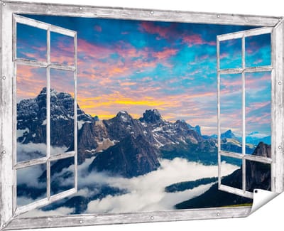 Gards Tuinposter Doorkijk Bergen Landschap met Wolken in Italië - 180x120 cm - Tuindoek - Tuindecoratie - Wanddecoratie buiten - Tuinschilderij