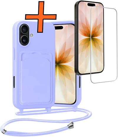 Hoesje Geschikt voor iPhone 17 Hoesje Met Telefoonketting Pasjeshouder Case Met Screenprotector Koord - Hoesje Geschikt voor iPhone 17 Hoes Met Kaarthouder - Lila