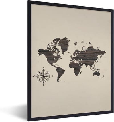 Poster in lijst - Fotolijst 60x80 cm - Posters - Wereldkaart - Hout - Vintage - Posterlijst zwart - Decoratie - Wanddecoratie woonkamer - Muurdecoratie slaapkamer