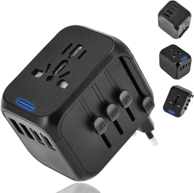 Wereldstekker met USB – Internationale Reisadapter voor 150+ Landen – 4 USB Poorten (2x USB-C, 2x USB-A) – Met automatische zekering – Zwart