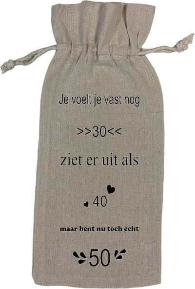 Wijnzak "Je voelt je vast nog 30 ziet eruit als 40 maar bent nu toch echt 50" Grappig Cadeau
