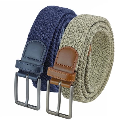 Landley Voordeelset Gemêleerde Elastische Riemen Blauw & Beige – Luxe Gevlochten Stretch Riemen - Dames & Heren - Duopack - Lengte totaal 100 cm / Riemmaat 85