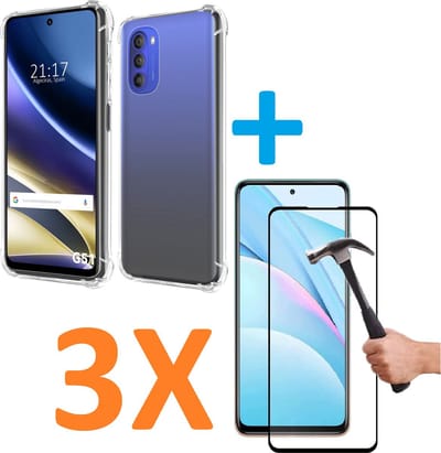 Shockproof Soft TPU hoesje Silicone Case Geschikt voor: Motorola Moto G51 met 3X Full Tempered glas Screen Protector