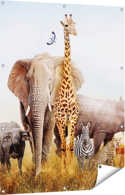 Gards Tuinposter Afrikaanse Dieren op het Gras - Afrika - 90x120 cm - Tuindoek - Tuindecoratie - Wanddecoratie buiten - Tuinschilderij