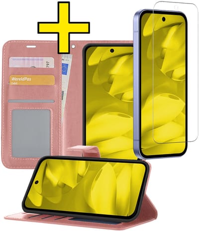 Hoesje - Met Screenprotector - Geschikt voor Google Pixel 9a - Luxe Pasjeshouder - Bookcase Portemonee - Flip Case - Kunstleer Book Case - Flipcase - Book Cover - Walletcase - Portemonneehoes - Telefoonhoesjes - Rosé goud