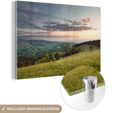 ® Glasschilderij 180x120 cm - Schilderij acrylglas - Uitkijkend naar het Zwarte Woud in Duitsland met een kleurrijke hemel - Foto op glas - Muurdecoratie woonkamer - Wanddecoratie slaapkamer - Schilderijen