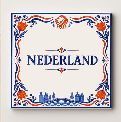 Nederland Decoratieve Keramische Tegel – Minimalistisch Nederlandse Leeuw Tulp en Gracht Design – Oranje Blauw Wanddecoratie Tegel – Vaderlands Woondecoratie Cadeau