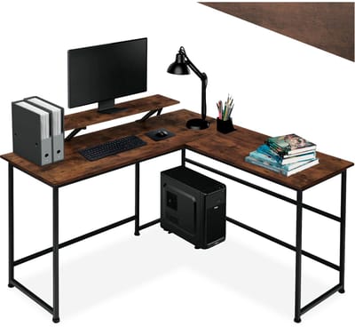 tectake® L-vormig bureau - Computerbureau met verplaatsbaar monitor opzetstuk - Bureautafel van hout en metaal - Industrieel design - Zwart metalen frame - Draagkracht bureaublad 150 kg per plank 50 kg - Afmetingen (LxBxH) 140x130x76,5 - Donkerbruin