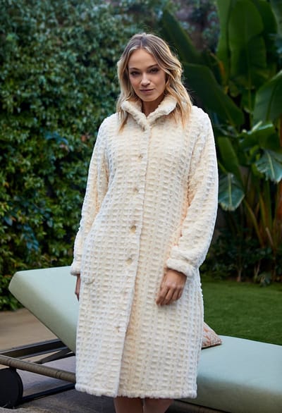 Barandi Dames Kamerjas Toscana – Lange fleece ochtendjas – Crème – Met knoopsluiting en zakken – Superzacht & warm - XL