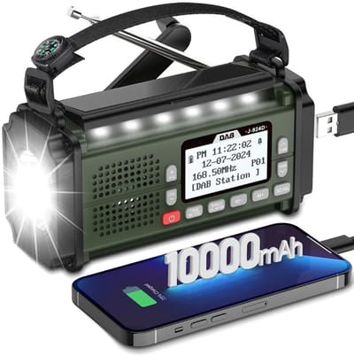 Noodradio Solar Opwindbaar en Batterij - Opwindbare Radio - Draagbare Noodradio - DAB Solar - Dynamo Radio - Noodpakket - Survival Radio - Bouwradio - Noodrantsoen - Powerbank Zonne-energie & Oplaadbare Zaklamp - 10000 mAh - Groen