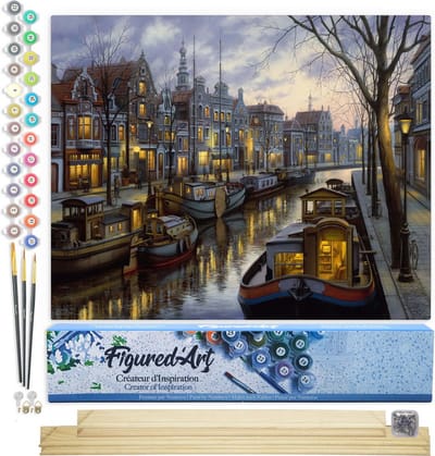 Figured'Art Schilderen op Nummer Volwassenen canvas Leven op het kanaal - Handwerk acrylverf Kit DIY Compleet - 40x50cm met DIY houten lijst