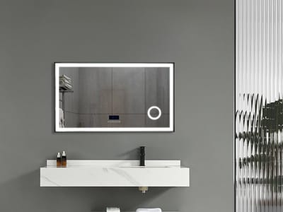 Mawialux LED Badkamerspiegel - 100cm - Rechthoek - Mat zwarte rand - Make up vergroting spiegel - Verwarming - Digitale klok - Bluetooth - Joshua