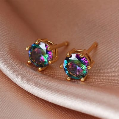 Punk Mannen Vrouwen Regenboog Kristal Stud Oorbellen Zwart Goud Kleur Bruiloft Sieraden Voor Vrouwen Mannen Bedel Rond Zirconia Oorbel brown