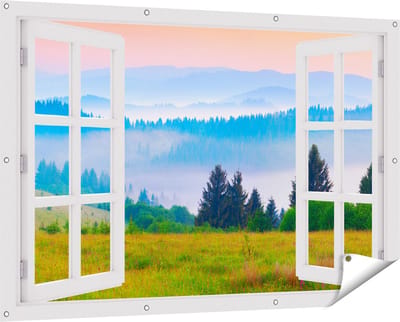 Gards Tuinposter Doorkijk Mistige Heuvel Landschap met Bossen - 150x100 cm - Tuindoek - Tuindecoratie - Wanddecoratie buiten - Tuinschilderij