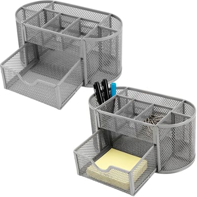 Thijox - Bureau-organizer set van 2 stuks, 22 x 11 x 10 cm, zilver metaal, kantoororganizer met pennenhouders en lade voor bureau, tafel en kantoor