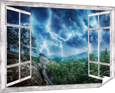Gards Tuinposter Doorkijk Onweer in het Bos - Bliksem - 180x120 cm - Tuindoek - Tuindecoratie - Wanddecoratie buiten - Tuinschilderij