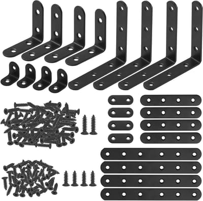 Hoekbeugelset zwart - L-vormige beugel, platte beugel - 134 stuks - Inclusief 110 schroeven - Voor houten stoel, boekenplank, raam, meubelkast