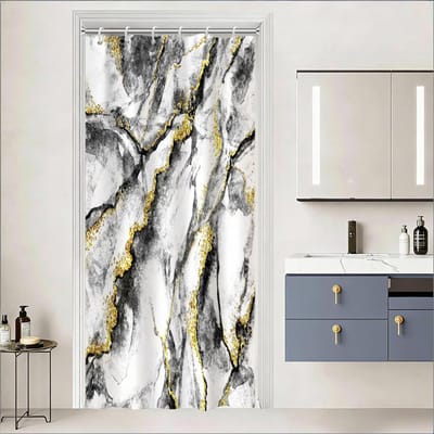 Douchegordijn, schimmelwerend, douchegordijn 90 x 180 cm, zwart, geel, wasbare stof, marmereffect, badgordijnen, waterdicht, grijs kleurverloop, modern, kleine gordijnen voor badkamer met 6
