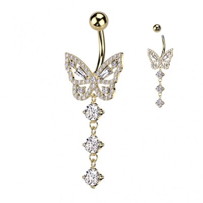 Navelpiercing PVD vlinder met 3 hangers - goud - LMPiercings