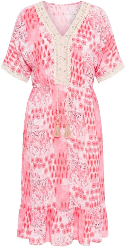 MIAMODA - Dames - Midi-jurk comfortabele pasvorm all-over print kanten linten - Neonrood - Maat 48