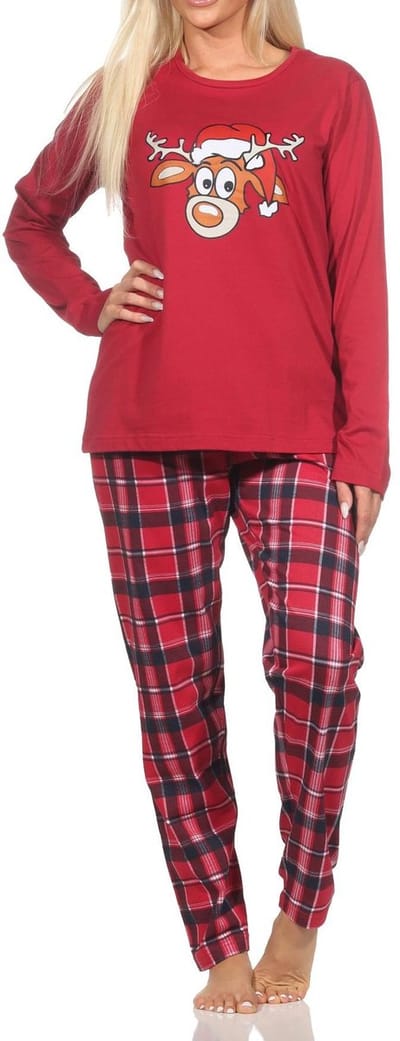 Kerstpyjama met lange mouwen voor dames met grappig rendiermotief