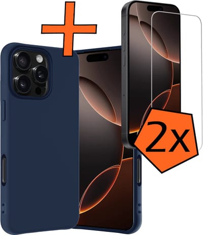Hoes - Met 2x Screenprotector - Geschikt voor Apple iPhone 16 Pro - Sterk & Shockproof - Back Cover - Siliconen Case - Telefoon Hoes - Donkerblauw